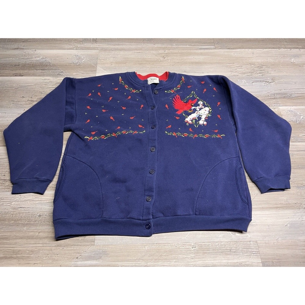Vintage Artisans Embroidered Cardinal Button‎ Up Sweatshirt Cardigan Granny L/XL